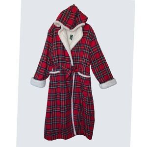 New L.L. Bean Robe XL Hooded Scotch Plaid Flannel Sherpa Lined Lounge Women's